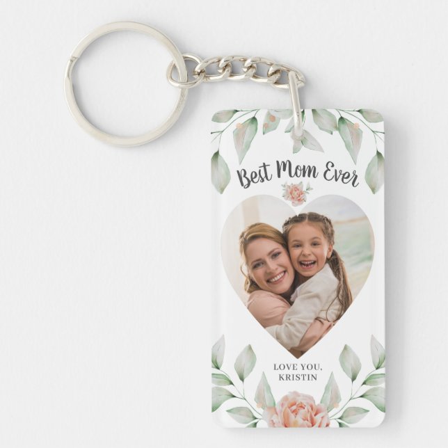 Heart Shaped Photo Script Best Mom Ever Keychain (Front)