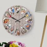 Heart Shaped Photos Ash Brown Wood Large Clock<br><div class="desc">Create your own multi photo clock. The photo template is set up for you to add 12 photos which are displayed in a heart shaped frame. The design uses portrait vertical photos for all numbers except 3 and 9 which are in landscape horizontal format. The clock face has simple numbers...</div>