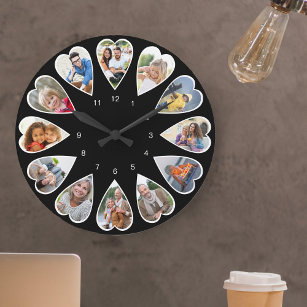 Heart Shaped Photos Black and White Round Large Clock