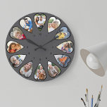 Heart Shaped Photos Dark Grey Round Large Clock<br><div class="desc">Create your own multi photo clock. The photo template is set up for you to add 12 photos which are displayed in a heart shaped frame. The design uses portrait vertical photos for all numbers except 3 and 9 which are in landscape horizontal format. The color palette is dark grey...</div>