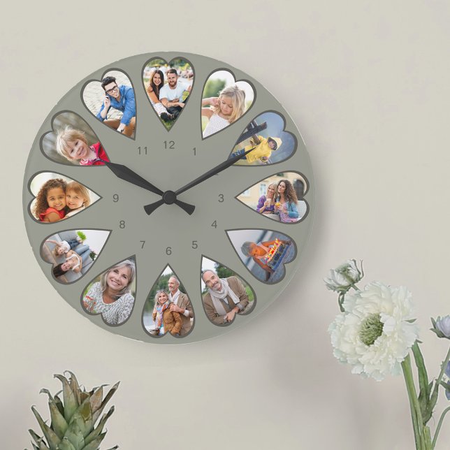 Heart Shaped Photos Green Round Large Clock (Photo clock with 12 heart shaped photos. Unusual design for your home and a thoughtful photo gift.)