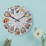 Heart Shaped Photos Light Grey Wood Large Clock<br><div class="desc">Create your own multi photo clock. The photo template is set up for you to add 12 photos which are displayed in a heart shaped frame. The design uses portrait vertical photos for all numbers except 3 and 9 which are in landscape horizontal format. The clock face has simple numbers...</div>