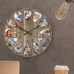 Heart Shaped Photos Modern Brown Wood Large Clock<br><div class="desc">Create your own multi photo clock. The photo template is set up for you to add 12 photos which are displayed in a heart shaped frame. The design uses portrait vertical photos for all numbers except 3 and 9 which are in landscape horizontal format. The clock face has simple numbers...</div>