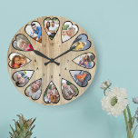 Heart Shaped Photos Pine Effect Round Large Clock<br><div class="desc">Create your own multi photo clock. The photo template is set up for you to add 12 photos which are displayed in a heart shaped frame. The design uses portrait vertical photos for all numbers except 3 and 9 which are in landscape horizontal format. The clock face has simple numbers...</div>