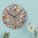 Heart Shaped Photos Rustic Brown Wood Large Clock<br><div class="desc">Create your own multi photo clock. The photo template is set up for you to add 12 photos which are displayed in a heart shaped frame. The design uses portrait vertical photos for all numbers except 3 and 9 which are in landscape horizontal format. The clock face has simple numbers...</div>