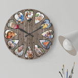 Heart Shaped Photos Rustic Dark Wood Large Clock<br><div class="desc">Create your own multi photo clock. The photo template is set up for you to add 12 photos which are displayed in a heart shaped frame. The design uses portrait vertical photos for all numbers except 3 and 9 which are in landscape horizontal format. The clock face has simple numbers...</div>