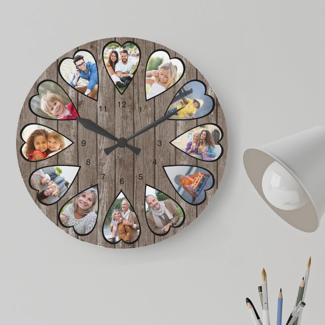Heart Shaped Photos Rustic Dark Wood Large Clock (Photo clock with 12 heart shaped photos. Unusual design for your home and a thoughtful photo gift.)