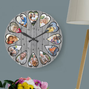 Heart Shaped Photos Rustic Gray Wood Large Clock