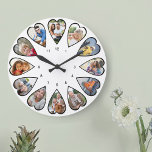Heart Shaped Photos White Round Large Clock<br><div class="desc">Create your own multi photo clock. The photo template is set up for you to add 12 photos which are displayed in a heart shaped frame. The design uses portrait vertical photos for all numbers except 3 and 9 which are in landscape horizontal format. The color palette is black and...</div>
