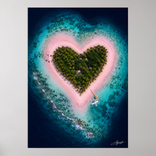 Heart-Shaped Pink Sand Island Satellite View Poster