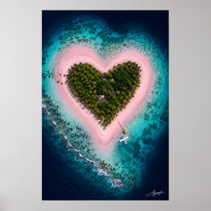 Heart-Shaped Pink Sand Island Satellite View Poster