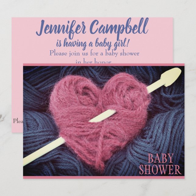 heart-shaped pink yarn baby girl shower invitation (Front/Back)