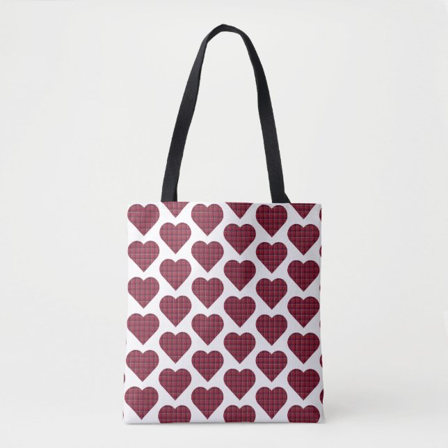 Heart Shaped Plaid Dark Red Burgundy Tote Bag (Front)