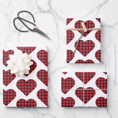 Heart Shaped Plaid Red Black Buffalo Wrapping Paper Sheets
