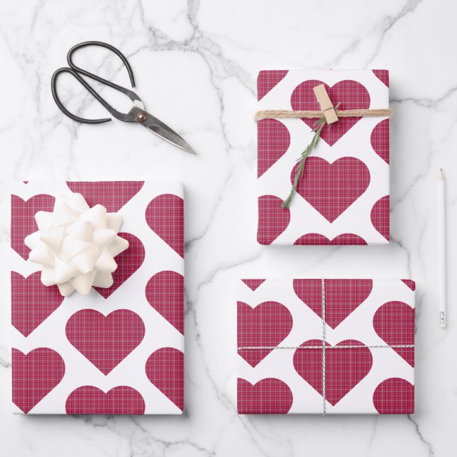 Heart Shaped Plaid Red Pink Wrapping Paper Sheets (Front)