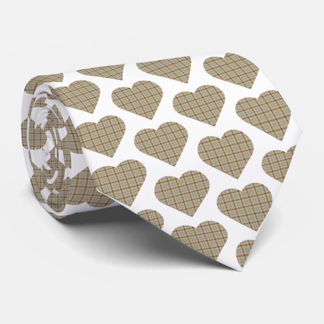 Heart Shaped Plaid Tan Blue White Neck Tie (Rolled)