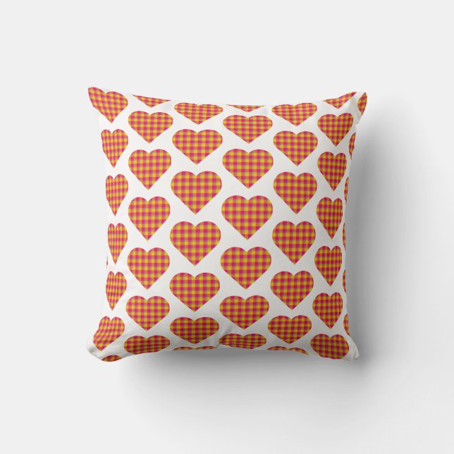 Heart Shaped Plaid Yellow Orange Throw Pillow (Front)