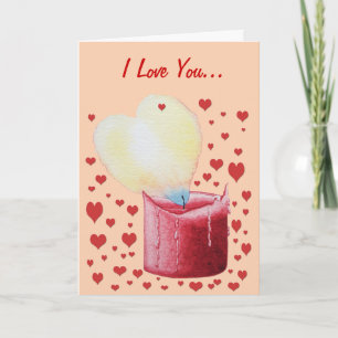 heart shaped red candle with flame romantic card