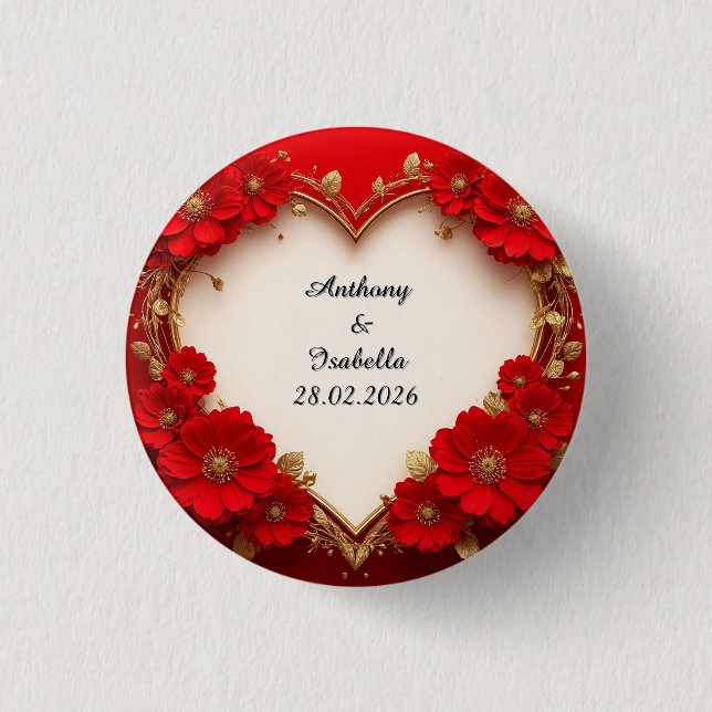 Heart-Shaped Red Floral Frame with Glitter Button (Front)