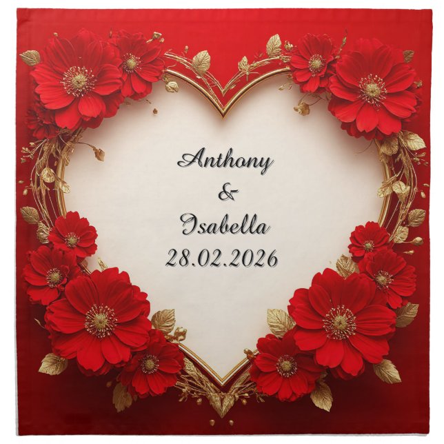 Heart-Shaped Red Floral Frame with Glitter Cloth Napkin (Front)