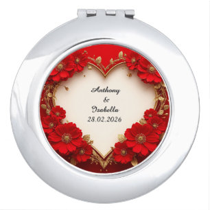Heart-Shaped Red Floral Frame with Glitter Compact Mirror