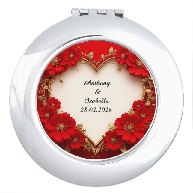 Heart-Shaped Red Floral Frame with Glitter Compact Mirror (Front)