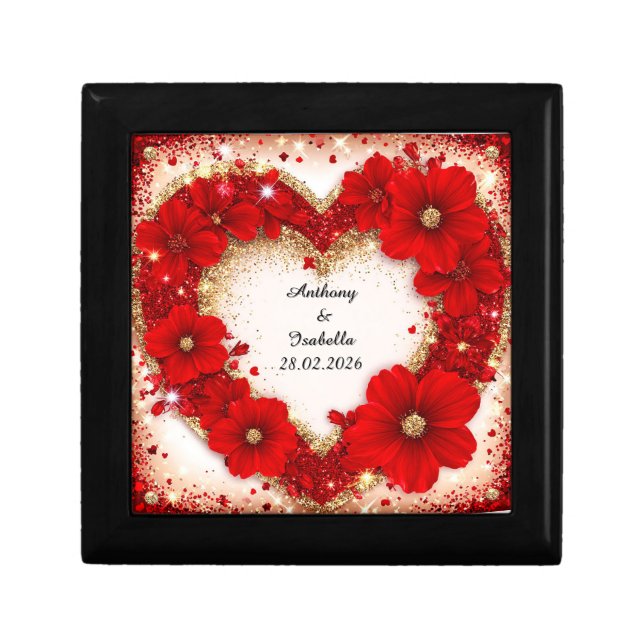 Heart-Shaped Red Floral Frame with Glitter Gift Box (Front)