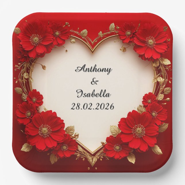 Heart-Shaped Red Floral Frame with Glitter Paper Plates (Front)