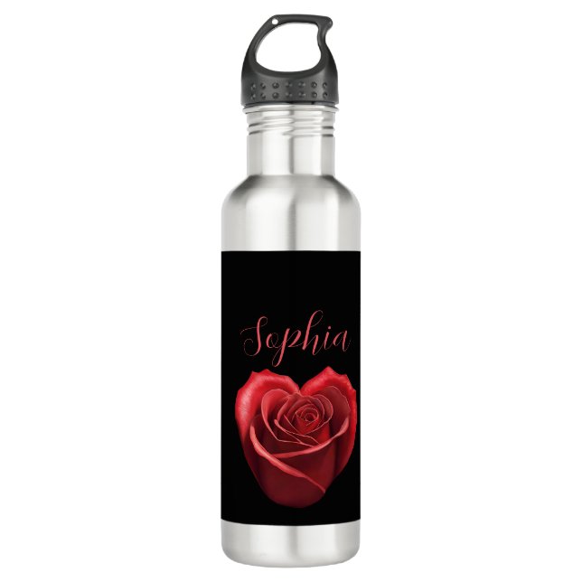 Heart Shaped Red Rose- Stainless Steel Water Bottle (Front)