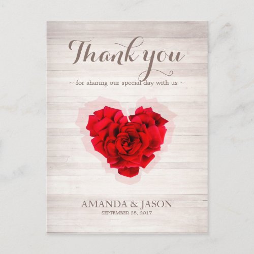 Heart shaped Red rose thank you card hhn01 - Heart shaped red rose on wood background wedding thank you card for your family / friends. Matching products available. Search "hhn01" to see all products with this elegant / romantic red rose design