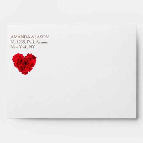 Heart  shaped red rose wedding envelope hhn01 - Heart shaped red rose on wood background wedding envelope. Matching products available. Search "hhn01" to see all products with this elegant / romantic red rose design