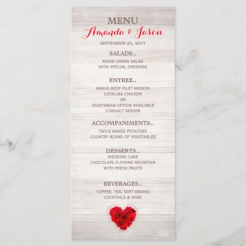 Heart shaped Red rose wedding menu hhn01 - Heart shaped red rose on wood background wedding menu card. Matching products available. Search "hhn01" to see all products with this elegant / romantic red rose design