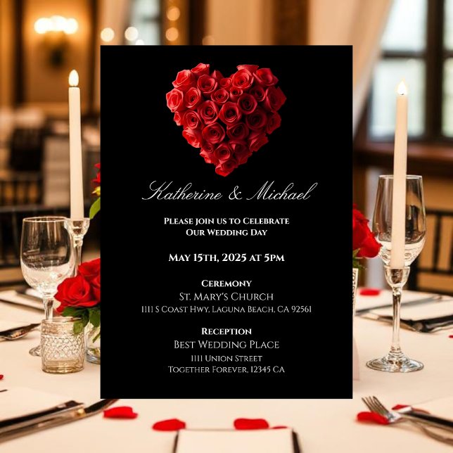 Heart Shaped Red Roses- Invitation (Wedding Invitation Red Roses in the Shape of a Heart- Black White and Red)