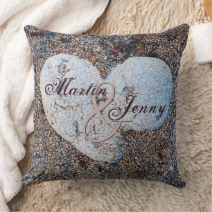 Heart Shaped Rock in Sand Personalize Name Date Throw Pillow
