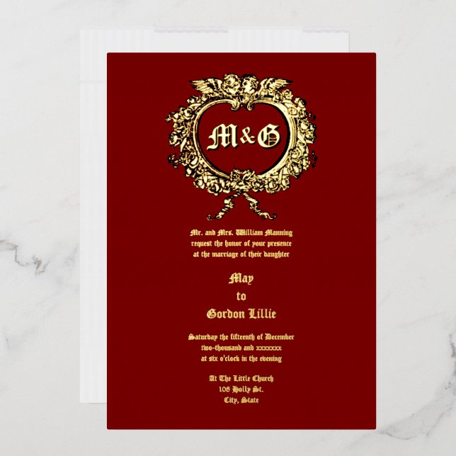 Heart Shaped Rose Cartouche & Cherub Couple Foil Invitation (Envelope)