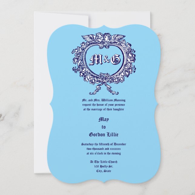 Heart Shaped Rose Cartouche & Cherub Couple Invitation (Front)