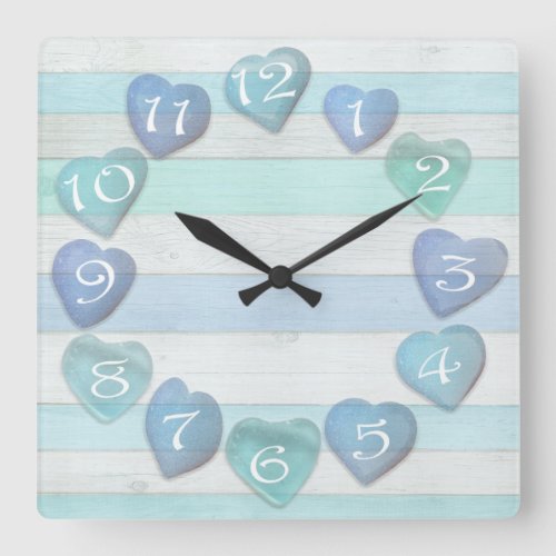 Heart Shaped Sea Glass Beach Driftwood Ocean Square Wall Clock