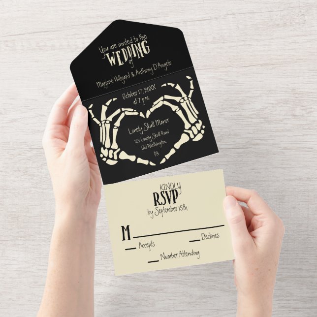 Heart Shaped Skeleton Hands Heart Wedding All In One Invitation (Tearaway)