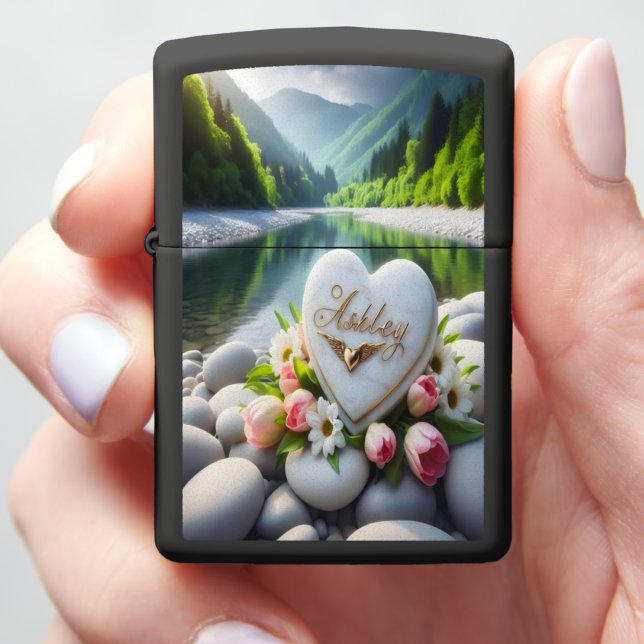 Heart-shaped stone with Ashley's Zippo Lighter (In Hand)