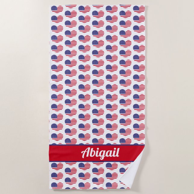 Heart Shaped US Flag / Personalized Beach Towel (Front)
