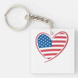 Heart Shaped USA Flag Design, Patriotic American Keychain