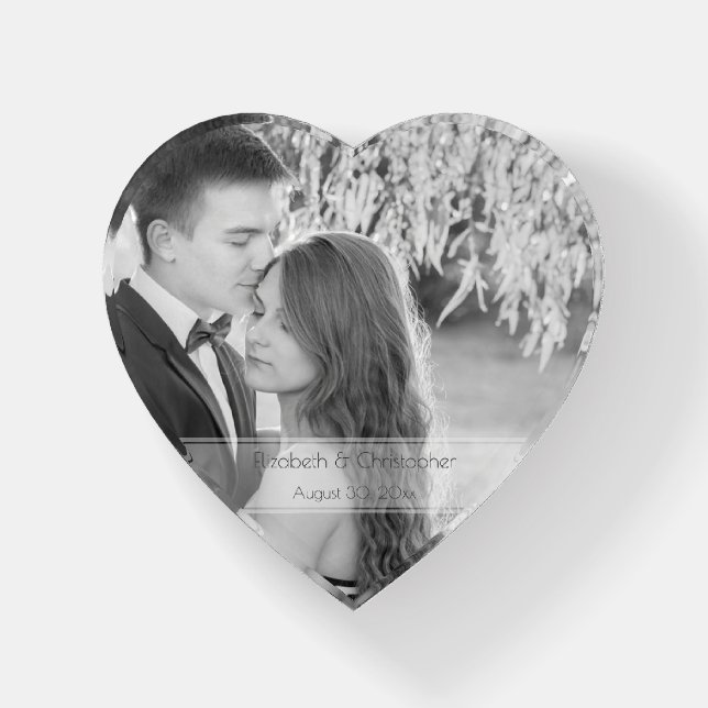 Heart Shaped Wedding Couple with Date in B&W Paperweight (Front)
