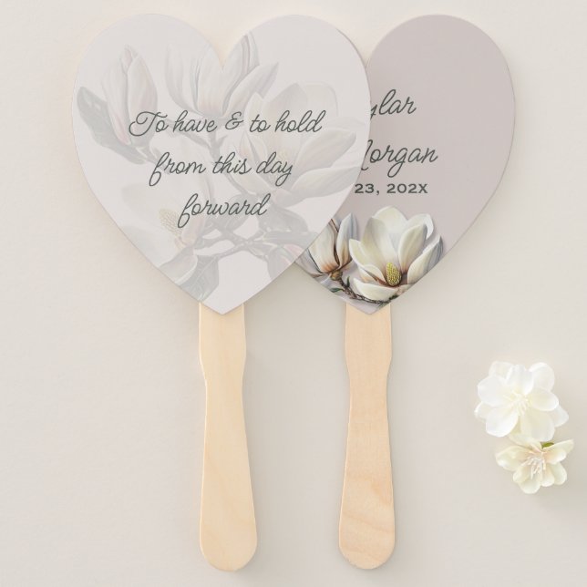 Heart-shaped Wedding Saying Magnolia Flowers Hand Fan (Front and Back)