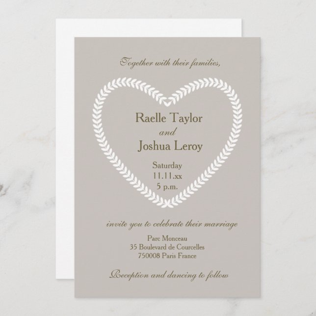Heart shaped White Gray Taupe wedding invitation (Front/Back)