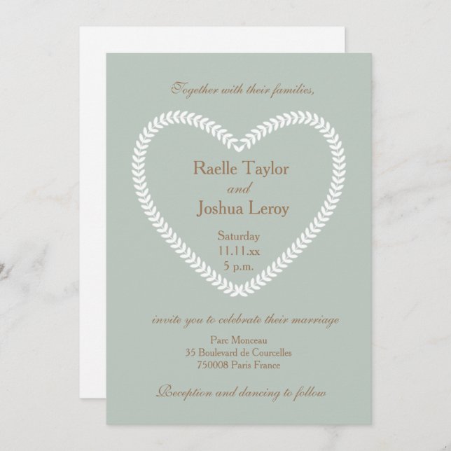 Heart shaped White Sage Gold wedding invitation (Front/Back)