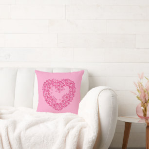 Heart Shaped Wreath of Flowers, Fuchsia and Pink Throw Pillow