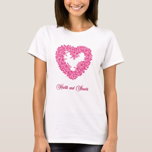 Heart Shaped Wreath of Flowers, Fuchsia Pink T-Shirt (Front)