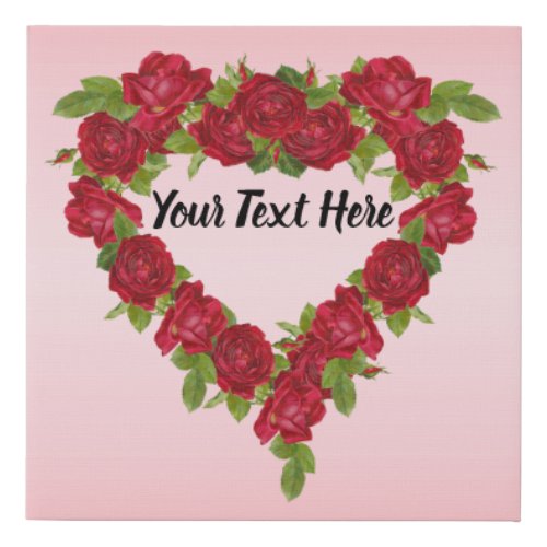 Heart Shaped Wreath of Pretty Red Roses on Pink Faux Canvas Print