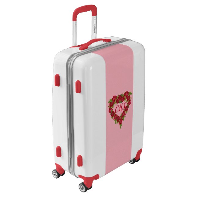 Heart Shaped Wreath of Red Roses Leaves Pink Luggage (Rotated Left)