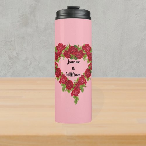Heart shaped wreath of red roses on light Pink Thermal Tumbler